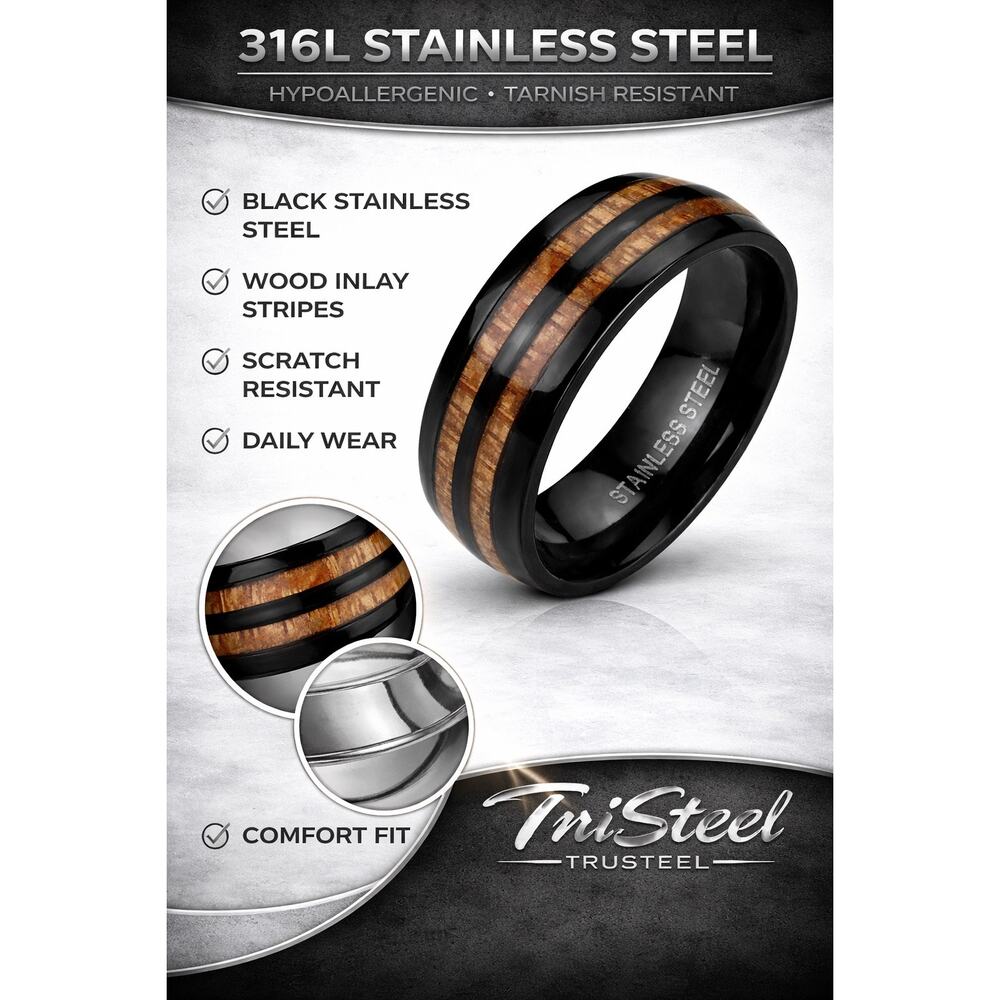 Men’s women’s Double Wood Inlay Center Black IP Stainless‎ Steel Ring Size 9